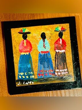 J. Lopez Signed Hand-Painted Ceramic Tile Art - Mexican Folk Art 4x4